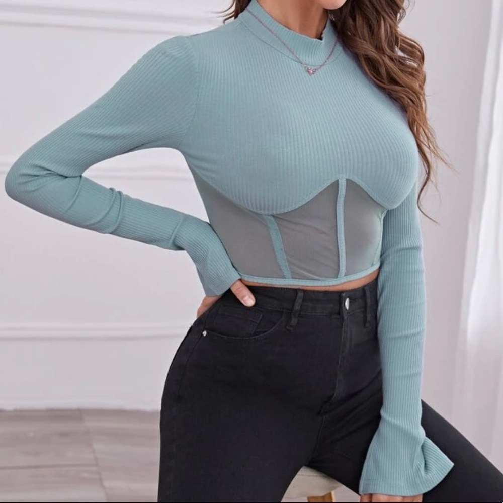 Mesh insert rib-knit tee